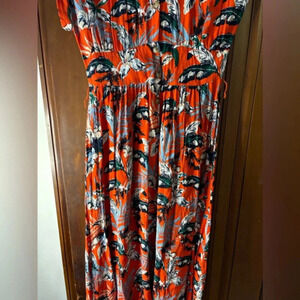 LOFT Midi Dress Red Floral Tropical Fit Flare 2p missing belt but still cute